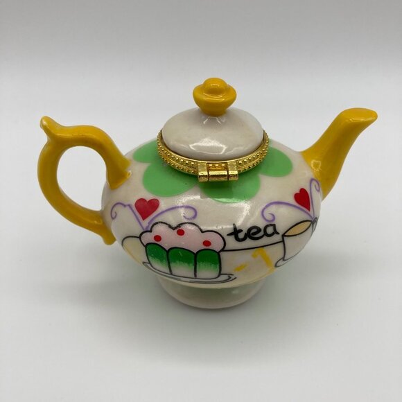 Miniature Porcelain Hinged Teapot Trinket, Pill, Jewelry Holder - Picture 2 of 7